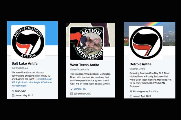 There's recently been a spike in the creation of fake Twitter accounts that claim to be linked to activists in the United States who call themselves anti-fascists or Antifa. Here's what some of the imposter bios look like: