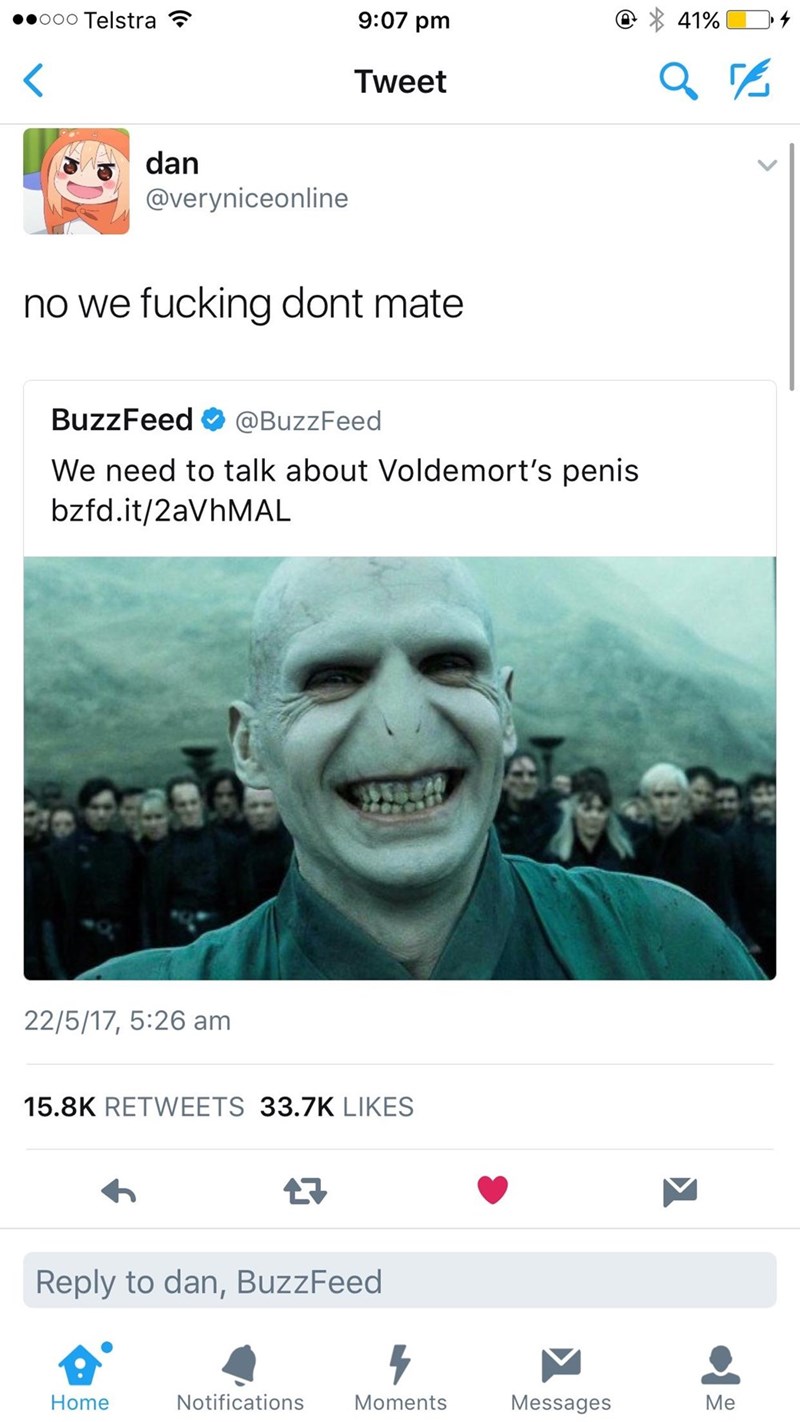 buzzfeed article that reads "we need to talk about voldemort's penis" and a guy responds that we don't