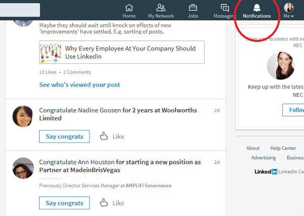 When you click the Notifications icon, LinkedIn displays connections who have recently had a special occasion.