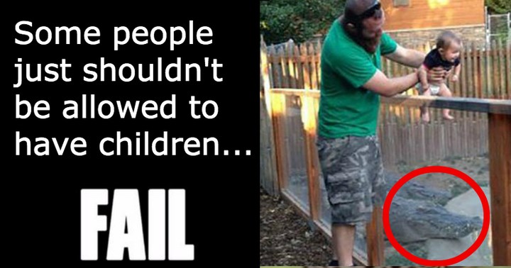 guy holds his child over an alligator enclosure - cover image to a list of parenting fails