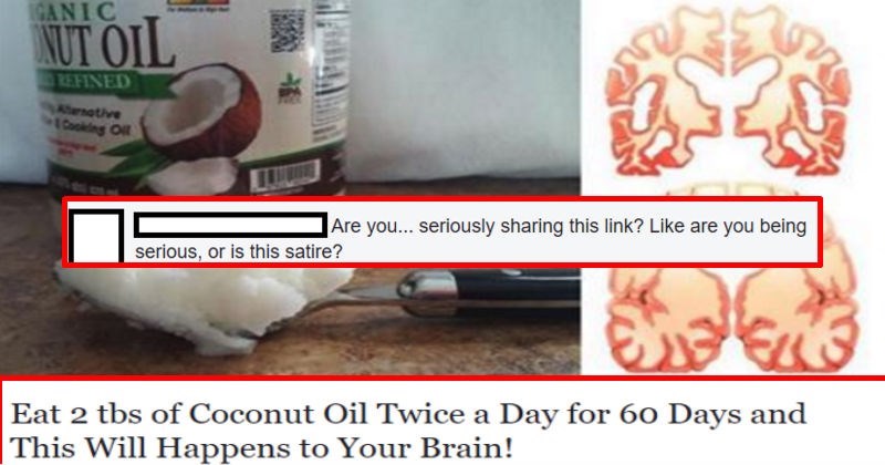 Health site makes status on Facebook about coconut oil curing Alzheimer's and gets properly called out on Facebook.