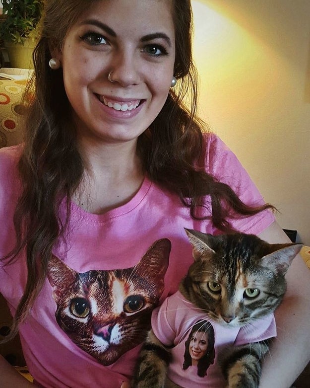 This lady and her cat with matching shirts OF EACH OTHER: