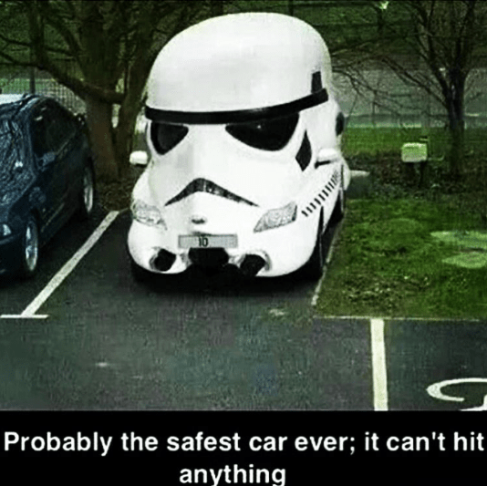 Picture of storm trooper car parked with joke about how they always miss their shots.