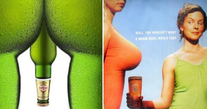 strange beer advertisements with beer bottles resembling a naked man and a woman shading her beer under large breasts - a cover photo for a list