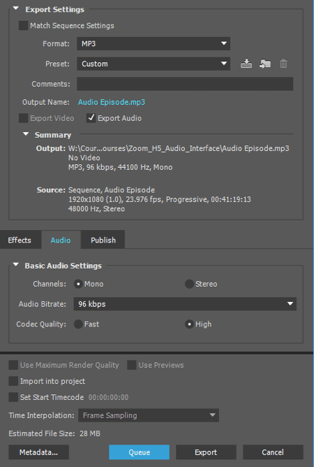 Export your audio as an MP3 file in Adobe Premiere.