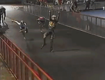 skater celebrates before the finish line and blows a huge lead