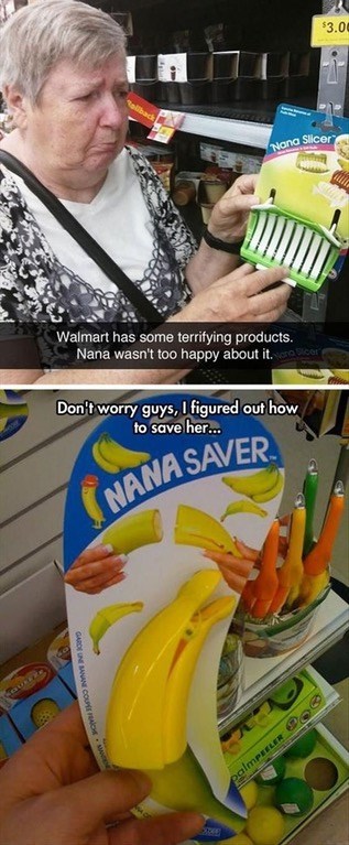 Picture of grandma studying awkward product that's a 'banana shredder' is full of cringe.