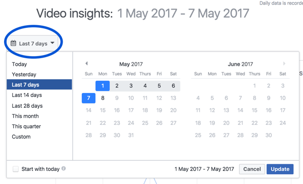 You can choose a different time period for your Facebook video insights.