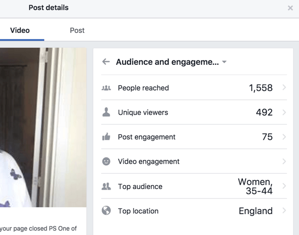 Facebook shows separate engagement stats for the post and video.
