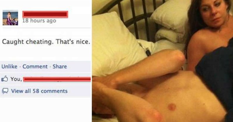 guy gets caught in bed with another woman and his girlfriend takes a photo and posts it on facebook.