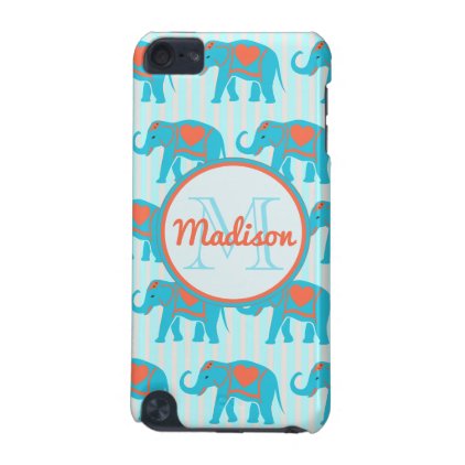 Teal turquoise, blue Elephants on blue stripe name iPod Touch 5G Cover