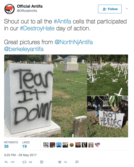The same Twitter account sent another tweet with more images taken from unrelated incidents. As with the other tweet, it tagged fake Antifa accounts to suggest this was the result of coordinated action.