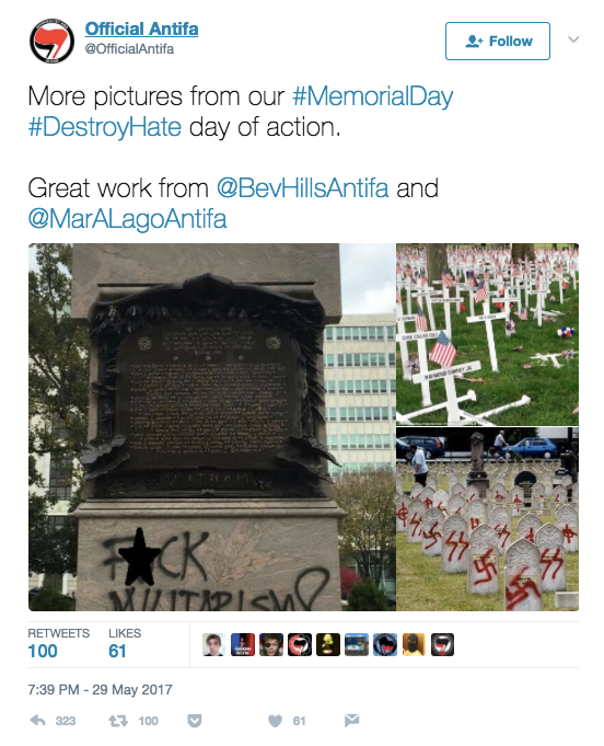 Memorial Day provided an occasion for the fake @OfficialAntifa account to send out tweets that falsely claimed to show the group's desecration of military cemeteries.