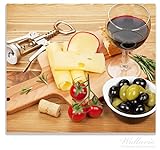 Herdabdeckplatte / Spitzschutz aus Glas, 1-teilig, 60x52cm, für Ceran- und Induktionsherde, Genuss am Abend - Rotwein, Käseplatte, Oliven und Tomaten
