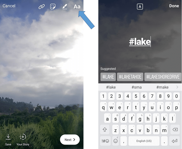 Use the text feature to manually add a hashtag to your Instagram story.