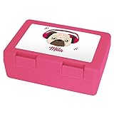 Brotdose mit Namen Mila und schönem Motiv - Mops mit Kopfhörer und Schleife für Mädchen | Brotbox rosa - Vesperdose - Vesperbox - Brotzeitdose mit Vornamen