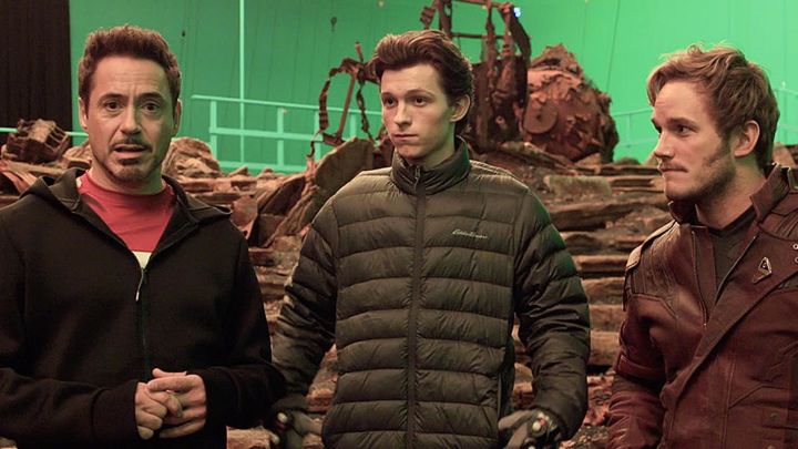Robert Downey Jr., Tom Holland and Chris Pratt on the set of Avengers: Infinity War.