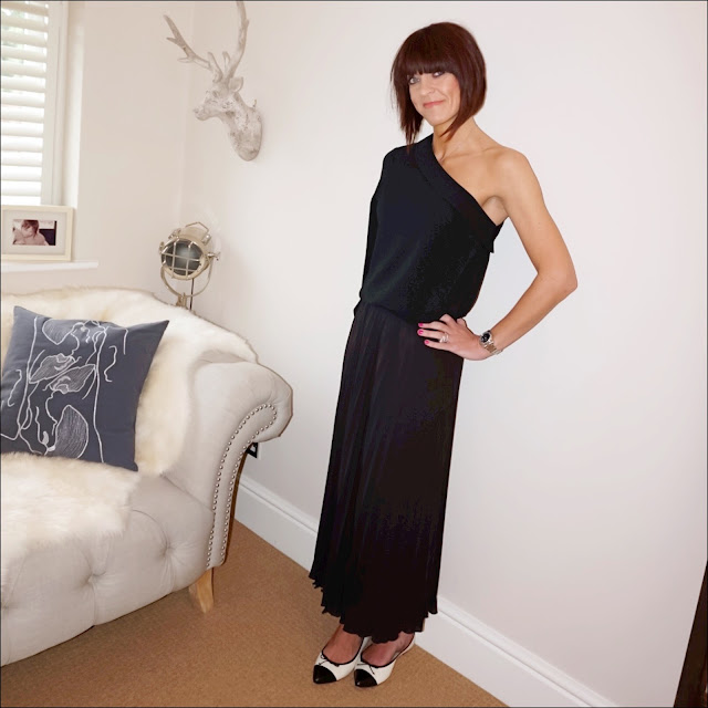 My Midlife Fashion, Marks and spencer one shoulder frill collar long sleeve blouse, handm pleated maxi skirt, j crew two tone monochrome pointed ballet pumps