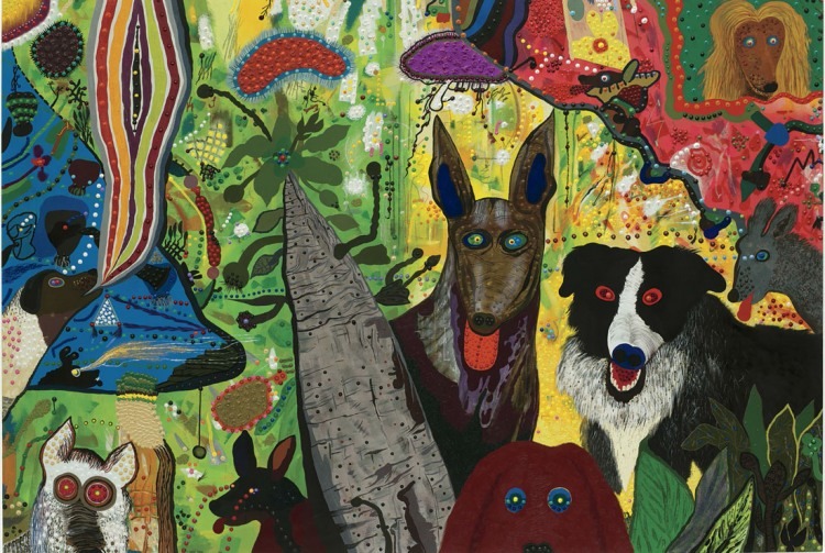 Roy De Forest, Country Dog Gentlemen, 1972; polymer on canvas, 66.75 x 97 in. (169.55 cm x 246.38 cm); Collection SFMOMA, Gift of the Hamilton-Wells Collection; © Estate of Roy De Forest/Licensed by VAGA, New York