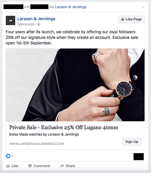 Ad for an exclusive sale from watch brand Larsson & Jennings.