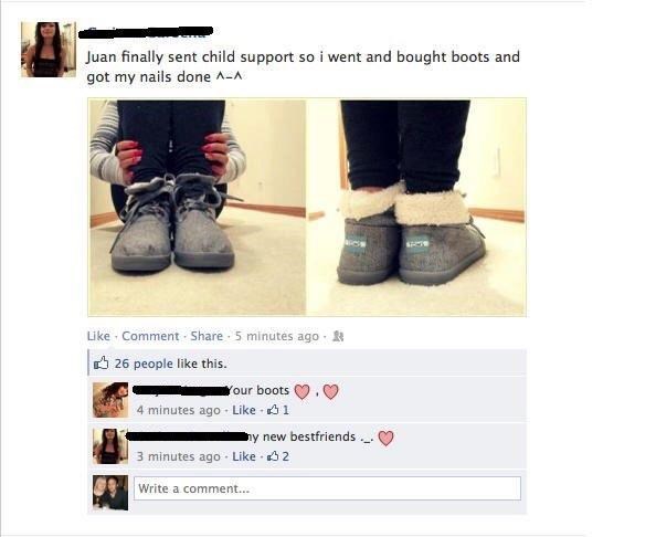 woman buys boots with her child support money