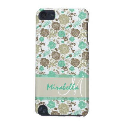 Lush pastel mint green, beige roses on white name iPod touch 5G case