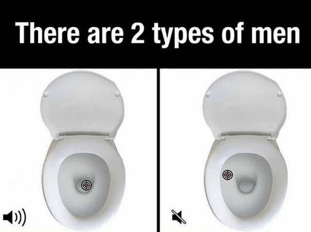 Picture showing how two different types of guys might go about peeing in the toilet.