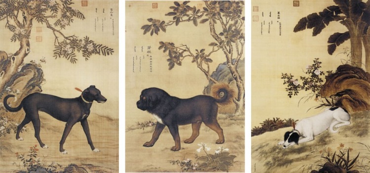 Ten Fine Hounds (facing page) Hanging scrolls, ink and colors on paper 247.5 × 163.7 cm