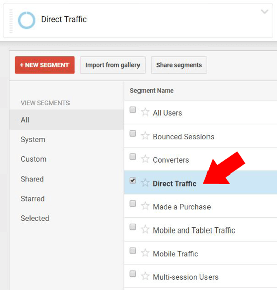 Under Overview in Google Analytics, select Direct Traffic and make sure no other segment names are selected.