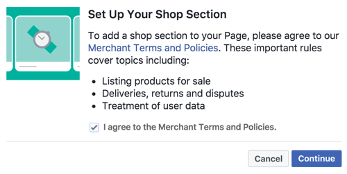 Agree to the Merchant Terms and Policies to set up your Facebook Shop section.