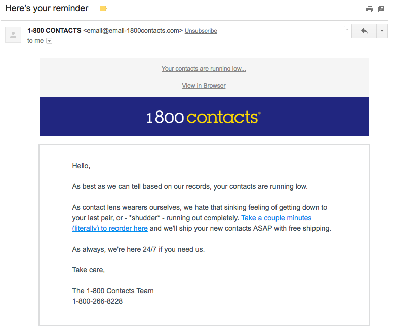 1800 Contacts customer engaging email