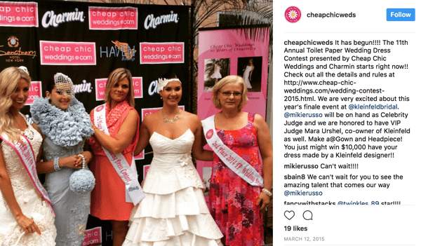 Charmin is one of the sponsors of an annual social contest where customers make wedding dresses out of toilet paper. In the 2015 contest, Kleinfeld Bridal also went in on the prize with the reward of a custom-made dress for the winner.