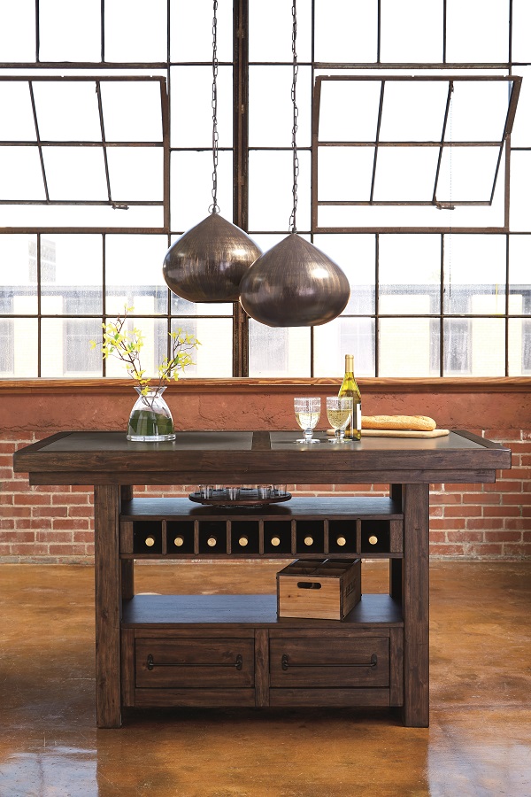 counter height table has drawers and wine rack can double as a storage kitchen island
