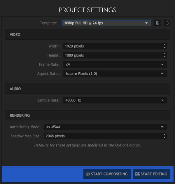 Select the settings you want to use for your HitFilm Express project.