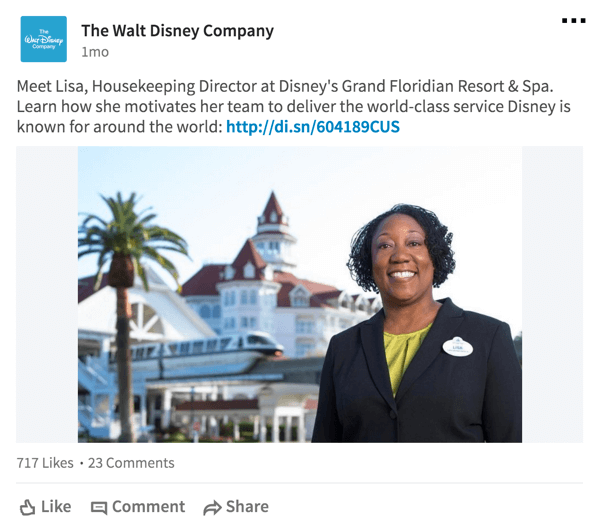 For the LinkedIn audience, Disney frequently shares information about employees.