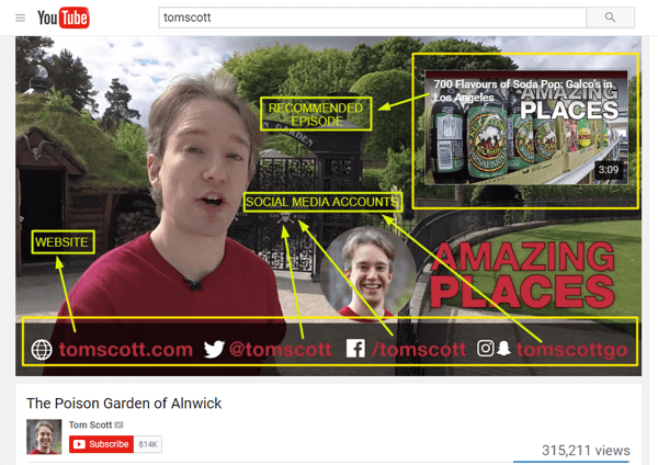 Tom Scott uses his end screen to recommend another of his videos and share his website and social media handles.