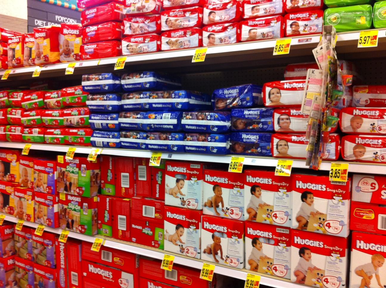Row of Diapers at Grocery Store