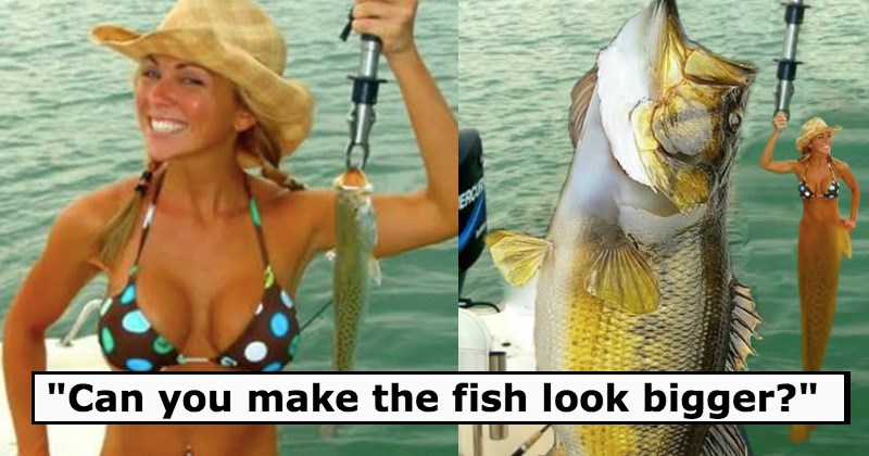 Girl gets swapped with a fish on a hook - 10 of the Most Hilarious Photoshop Trolls on the Internet