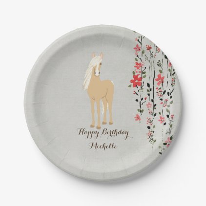 Personalized Palomino Pony Flowers Horse Birthday Paper Plate