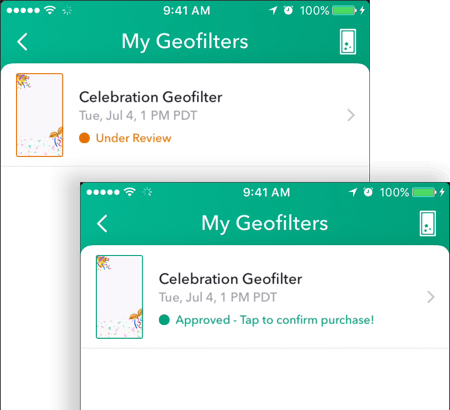Once your Snapchat geofilter is approved, its status will show as approved on the My Geofilters screen.