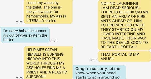 Guy with terrible case of Hemorrhoids sends his wife angry string of texts that almost sound like tortured poetry.