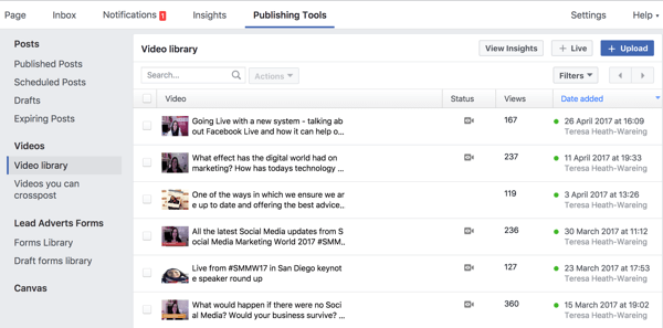 You can access your complete Facebook video library under Publishing Tools.