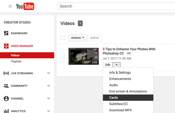 In your YouTube Video Manager, click the down arrow next to Edit and select Cards.