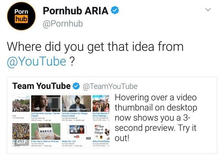 Pornhub has funny Twitter status about hovering over videos feature on YouTube.