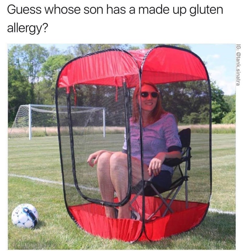 Picture of mom in ridiculous tent chair that makes a joke about how her kids are probably "gluten-free"