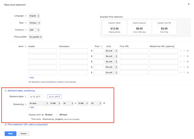 scheduling price extensions in adwords