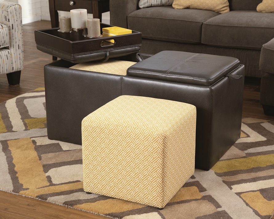 multifunctional ottoman with additional sitting cubes and flip top cushions convert to trays