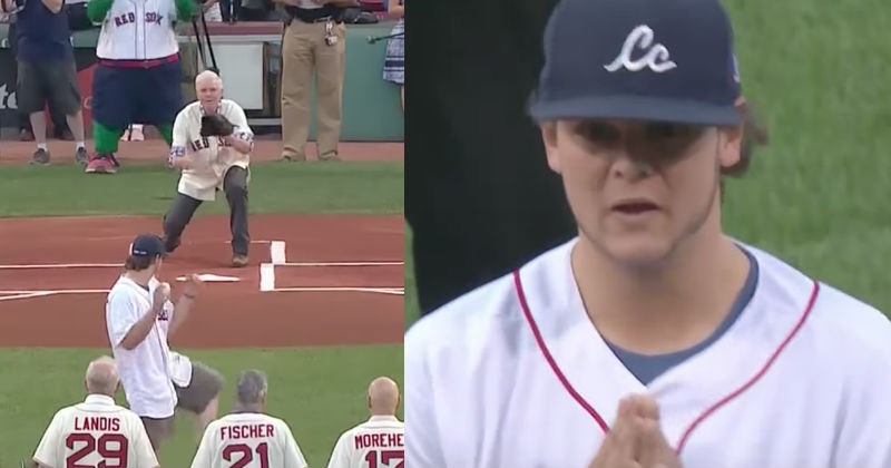 Video of guy throwing ceremonial first pitch at Red Sox game, and drilling cameraman in the balls.