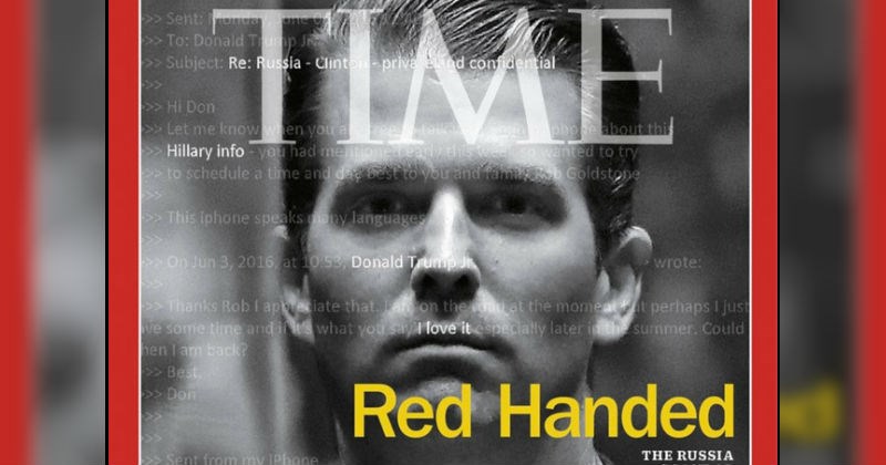 Donald Trump Jr. gets a Time cover that makes reference to recent controversy surrounding his collusion with Russia.