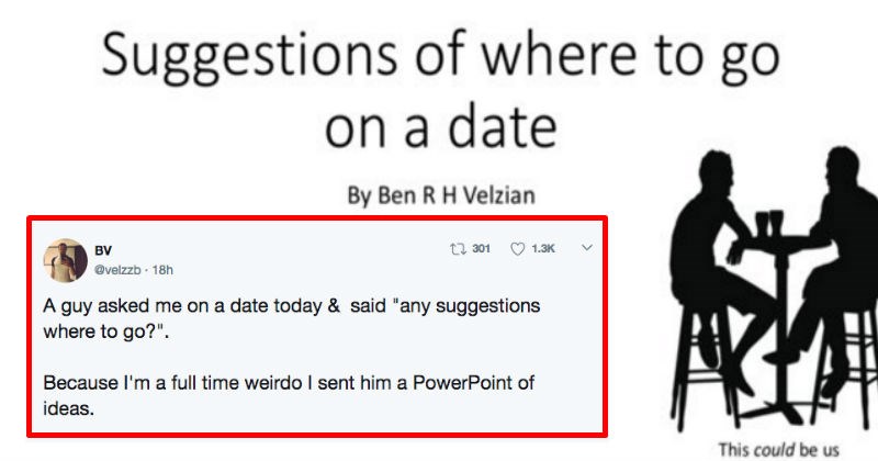 Guy creates Powerpoint presentation that proposes different ideas for his first date, and gets blocked on Whatsapp immediately.